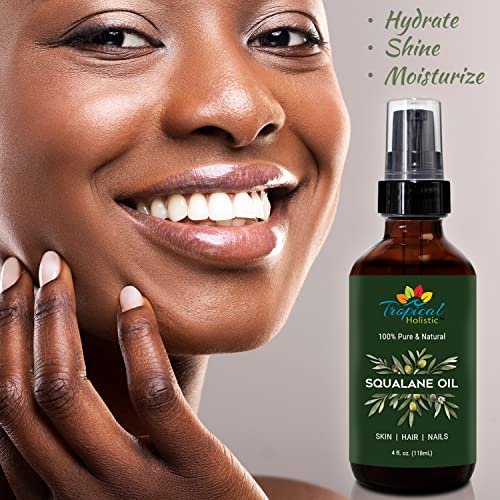 Tropical Holistic 100% Squalane Oil - Pure Plant Derived Vegan All Body Moisturizing Serum (4oz / 118mL) - Ideal Squalane Oil for Face, Body, Hair & Nails