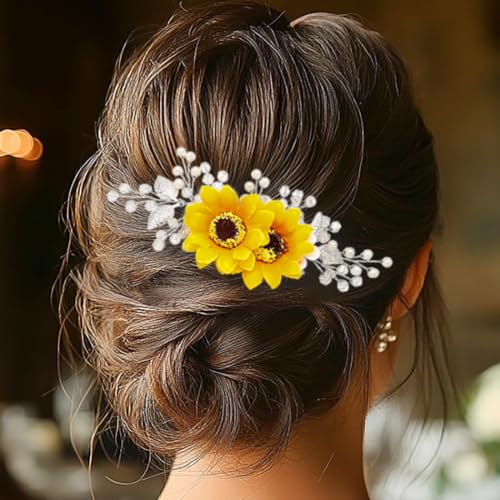 Silver Sunflower Bridal Hair Comb with Pearl & Crystal