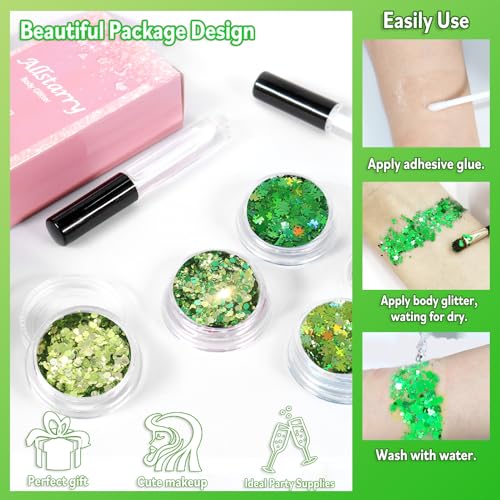 Allstarry 4-Color Green Face Glitter Set with Adhesive