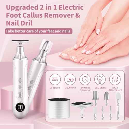 Electric Foot Callus Remover, 2 in 1 Rechargeable Foot File & Nail Drill, 15 Adjustable Speed Manicure Pedicure Kit Foot Scrubber with 25 Pcs Sandpaper Discs Pedicure Tool for Dead Skin (White+Pouch)