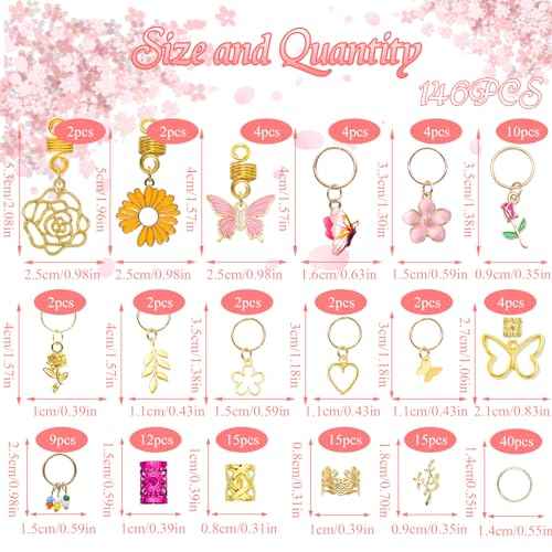 NAISKA 146PCS Gold Hair Jewelry with Butterfly Flower Charms, Metal Alloy Hair Coils, Rings, Cuffs and Decorations for Locs, Dreadlocks and Braids - Handmade Accessories for Women and Girls