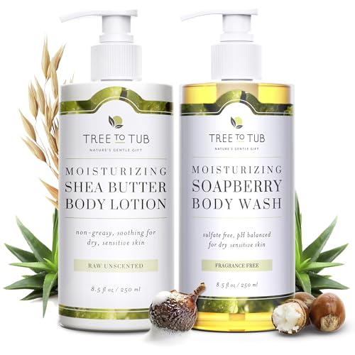 Tree to Tub Unscented Shea Butter Body Lotion for Dry Skin & Unscented Body Wash for Sensitive Skin - pH Balanced Fragrance Free Sensitive Lotion and Body Wash for Women & Men - Sulfate Free