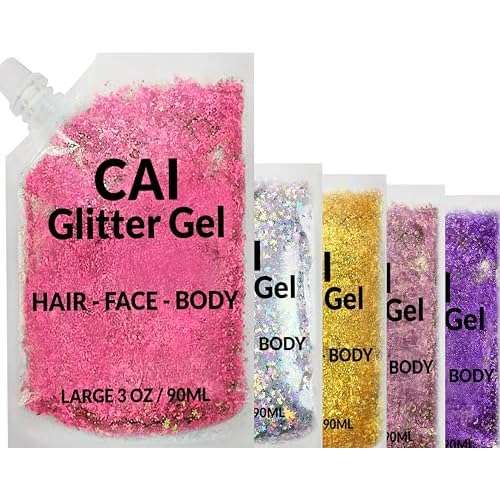 Face, Body & Hair Glitter Gel ? Halloween Glitter for Kids and Women ? 3 Oz Cosmetic-Grade Gel w/Moon & Stars for Festivals & Halloween Party, Easy Apply & Wash Off - Unicorn 5Pack
