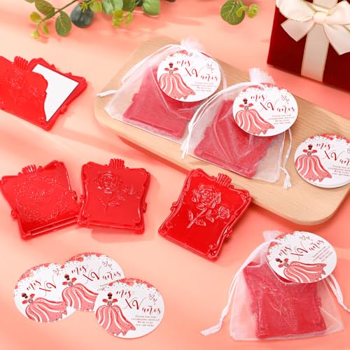 Wenqik 50 Set Quinceanera Party Favors for Guests Include Rose Compact Mirror Quinceanera Card and Organza Bag Mis Xv Sweet 15th Birthday Party Favors (Red)