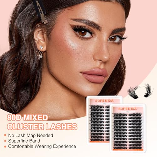 Lash Clusters 80D Cluster Eyelash Extensions 8-16mm Cat Eye Wispy Eyelash Clusters 12 Pairs D Curvature Eyelash Clusters Left & Right Diy Lash Extension at Home