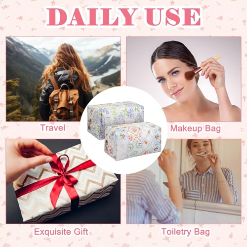 Qinyoung 12 Packs Quilted Makeup Bag Flower Theme Toiletry Cosmetic Bag Aesthetic Makeup Pouch Floral Emergency Kit Pouch for Traveling