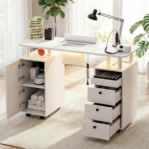 Nail Tech Table with Dust Collector & LED Light - Rolling Manicure Desk