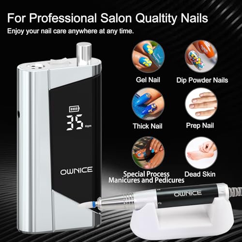 OWNICE Cordless Electric Nail Drill 35000RPM for Manicure & Pedicure Sky Silver