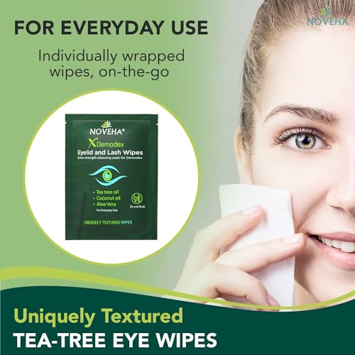 NOVEHA Demodex Eyelid & Lash Wipes | Box of 60 Individually Wrapped Extra Strength Cleansing Eyelash Wipes - Battles Irritated Eyes - Naturally Remove Debris (Pack of 3)