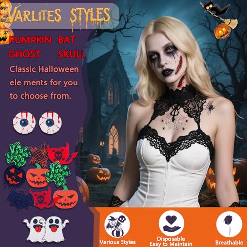 Halloween Nipple Covers 8 Pairs & Temporary Tattoos Kit - Bat, Skeleton, Pumpkin Spider Pasties with Gothic Face Stickers | Latex-Free Body Adhesive | Party Rave Cosplay Costume Accessories