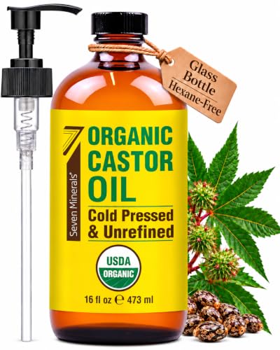 Seven Minerals USDA Organic Castor Oil 16 oz Glass Bottle with Pump – Cold Pressed, Hexane Free