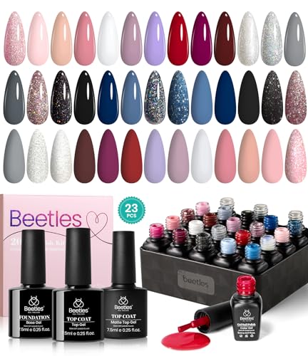 Beetles 23Pcs Gel Nail Polish Set with 3Pcs Base Matte and Glossy Top Coat,Nude Gray Pink Blue Burgundy Glitter Gel Polish Kit Modern Muse Collection, Soak off Uv Gel for Girls Women