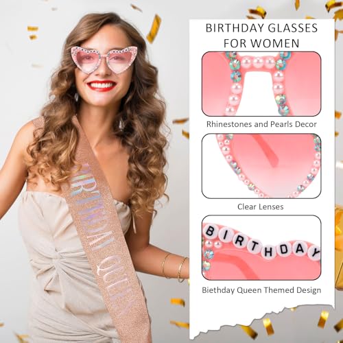 Birthday Queen Sash and Glasses Set for Women - Rose Gold