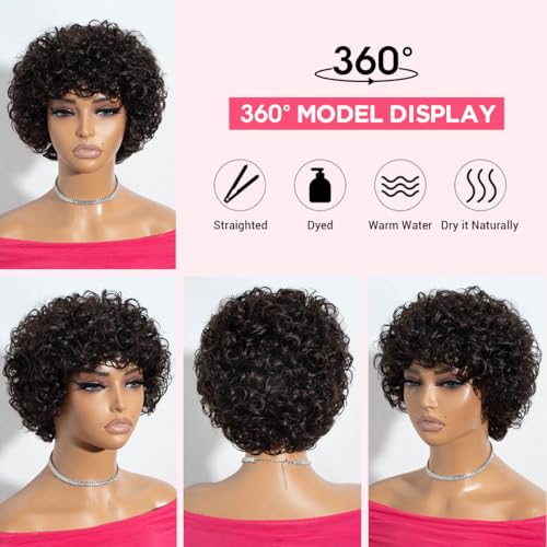 Short Curly Wig with Bangs for Black Women - 100% Human Hair
