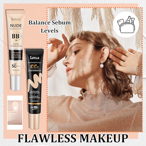 2 Pack Full Coverage Liquid Foundation,Moisturizing BB Cream Foundation Makeup Set with Foundation Brush,Oil Control Long Lasting Waterproof Concealer CC Cream Foundation for Women£¨Natural£©