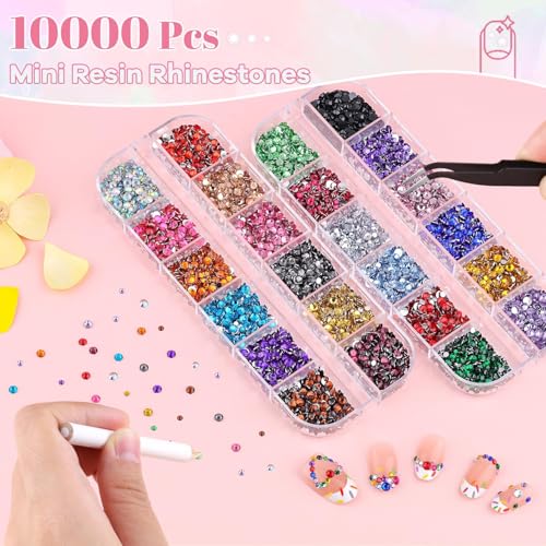 10,000 Pcs Flatback Resin Nail Rhinestones Kit - Colorful Gems & Tools