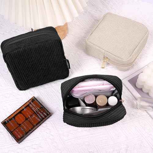 MAGEFY Small Makeup Bag for Purse Mini Cosmetics Bag Corduroy Cute Cosmetic Pouch for Women with Slip-in Pockets