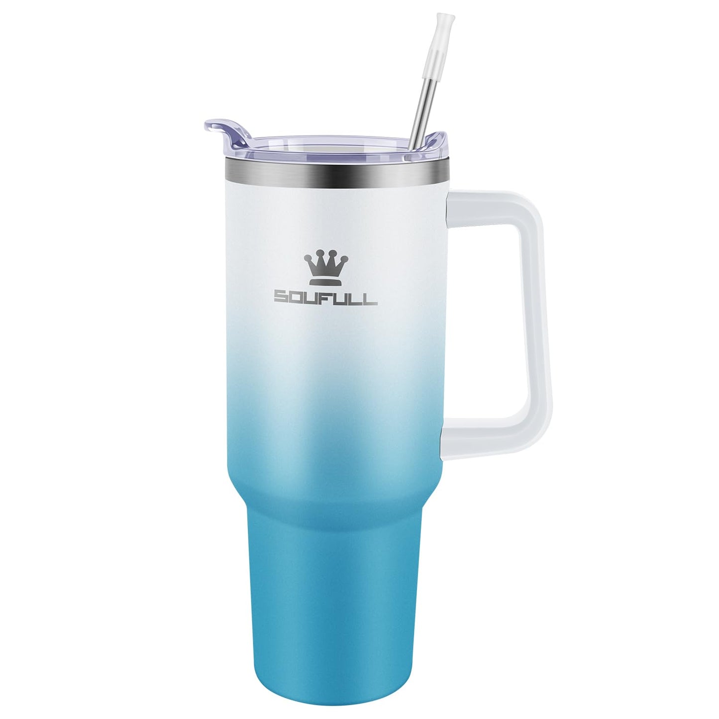 40 oz Tumbler with Handle and Straw Lid, 100% Leak-proof Travel Coffee Mug, Stainless Steel Insulated Cup for Beverages, Keeps Cold for 34Hrs or Hot for 10Hrs, Dishwasher Safe (WhiteBlue)