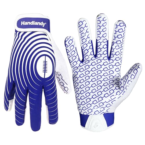 HANDLANDY Football Gloves Youth, Sticky Kids Receiver Gloves for Boys Girls, Stretch Fit Flag Football Gloves (White and Blue, X-Small)