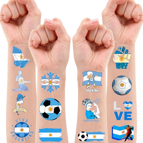 96 PCS Argentina Pre-Cut Soccer Flag Temporary Tattoos Themed Birthday Party Decorations Supplies Decor Favors Football Blue Argentinian Tattoo Stickers Gifts For Game Boys Girls Class School Prizes