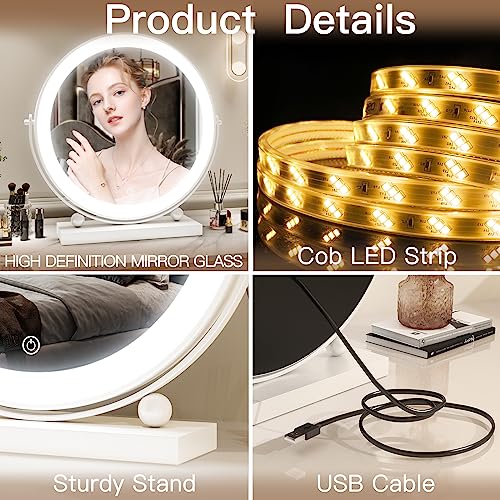ROLOVE 13 Inch Vanity Mirror with Lights, Round Make Up Mirror with Lighting, LED Mirror Makeup Mirror with Lights for Bedroom Tabletop, Smart Touch Control, 360¡Æ Rotation (White)