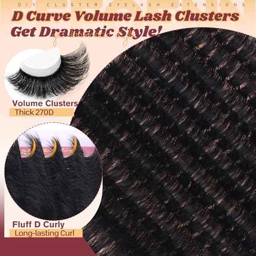 Fluffy Lash Clusters Kit Dramatic 270D Cluster Eyelash Extensions Kit 14-24mm Long Eyelash Clusters Kit Thick Volume Individual Lashes Bond and Seal Remover Tweezers Mega Lash Extension Kit by Eefofnn