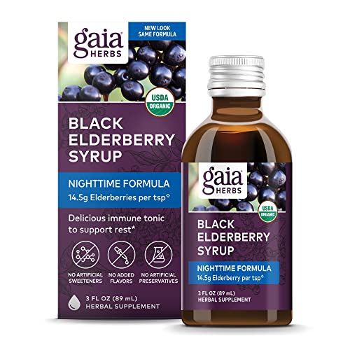 Gaia Herbs Black Elderberry, Nighttime Syrup - Immune Support Supplement - with Organic Black Elderberries, California Poppy & Lemon Balm for Restful Sleep & Immune Defense - 3 Fl Oz (18-Day Supply)