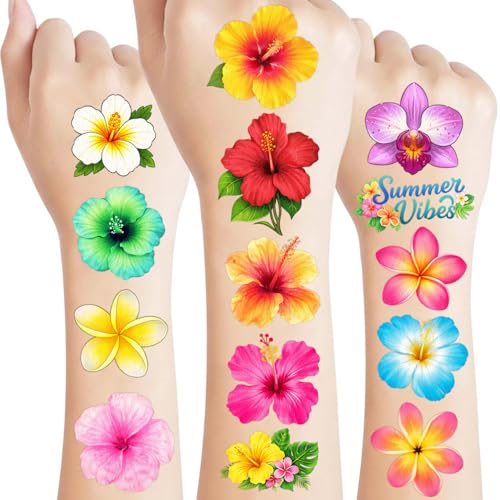 96 Tropical Flower Temporary Tattoos - Hibiscus Hawaiian Party Favors