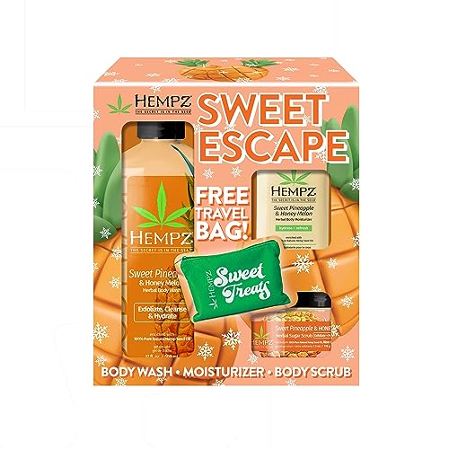 Hempz Sweet Escape Sweet Pineapple & Honey Melon Moisturizing Body Wash (17 Oz), Body Scrub (7.3 Oz), & Moisturizer (1.25 Oz) – Festive Holiday Gift Set with Travel Bag for Women or Men with Dry Skin