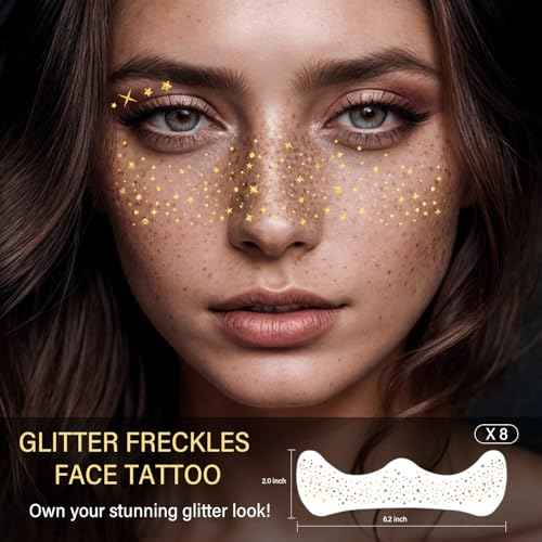 8 Pcs Gold Face Makeup Patches, Gold Glitter Freckles Face Tattoo, Glitter Freckles, Sparkle Makeup Patches, Waterproof Face Glitter Temporary Tattoos for Women