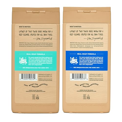 Dr. Squatch Natural Men's Body Wash Shower Gel - Cleansing, Nourishing, Long Lasting Scent, Moisturizing Body Wash for Men - Fresh Falls + Coconut Castaway (14 oz, 2-Pack)