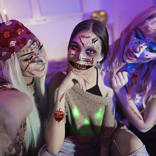 WdrKo 26 pcs Halloween Prank Makeup Temporary Tattoos Set for Adults - Horror Face & Wound Stickers for Cosplay & Parties