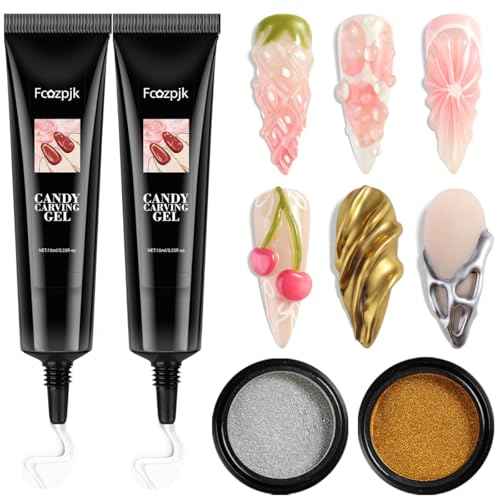 3D Sculpting Gel for Nail Art, 2PCS 10g Clear 3D Gel Liner Polish Carving Modeling Gels for Nail Design, 5D Embossed Candy Gels with Gold Silver Chrome Powder Kit