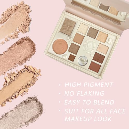 K'APEINE Nude Eyeshadow Palette, Embossed 12Colors Eyeshadow Palette with Blush, Contour, Highlighter All In One Disc Makeup Kit Matte&Glitter Eyeshadows Multi-Use Eye Shades Palette for Natural Look