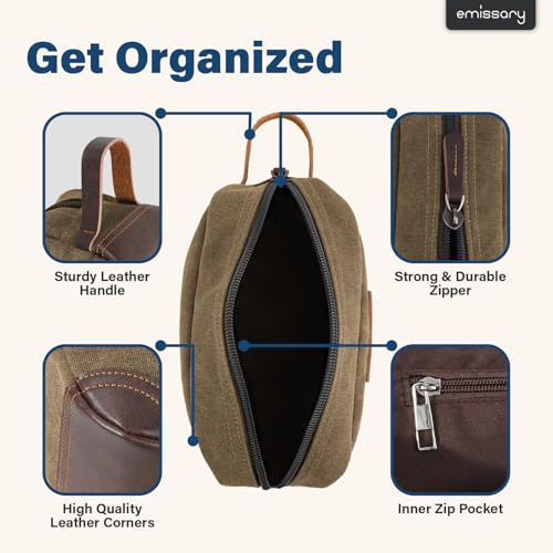 Men's Canvas Toiletry Bag with Leather Handle - Water-Resistant Dopp Kit