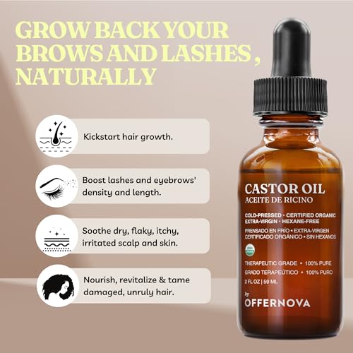 Offernova Organic Castor Oil, Pure Cold Pressed - Eyelash Serum for Hair Growth, Thicker Eyebrows - Hexane Free- Aceite de Ricino Organico para Crecimiento Pesta?as