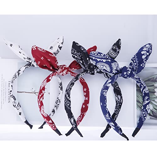 4 Pack Women's and Girls Bow Headbands - Paisley Print Elastic Hair Accessories
