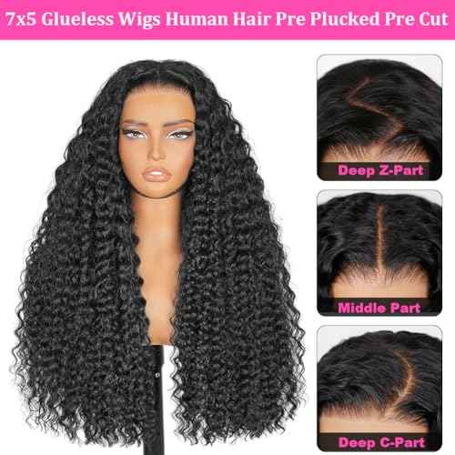7x5 Deep Wave Lace Front Wigs Human Hair Drawstring Wear and Go Glueless Wigs Human Hair Pre Plucked Pre Cut 200 Density Curly Lace Front Wig for Women Beginner Friendly Glueless Deep Wave Wig 18 Inch