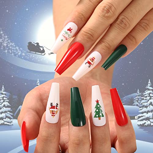 Uranian Coffin Extra Long Press on Nails Snowflake Red Christmas Fake Nails Elk Ballerina Glossy Full Cover False Nails Santa Claus Acrylic Nails Tips for Women and Girls 30 PCS (Pattern-A)