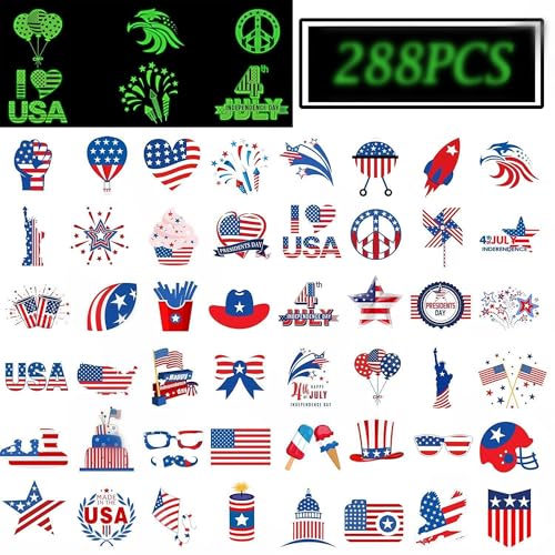 288 Patriotic Temporary Tattoos - 48 Designs, Glow in Dark