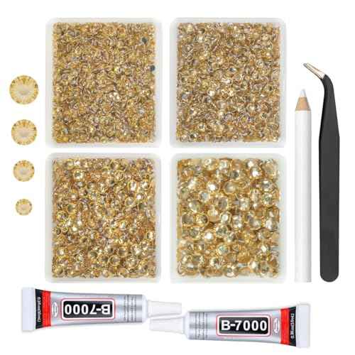 Champagne Gold Crystal Resin Rhinestones w B7000 Jewelry Glue for Bedazzling Crafting 3mm-6mm Flatback Stones Diamonds Crystals Gems Charms for Nails Face Eyes Makeup Tumblers Bottles Crafts
