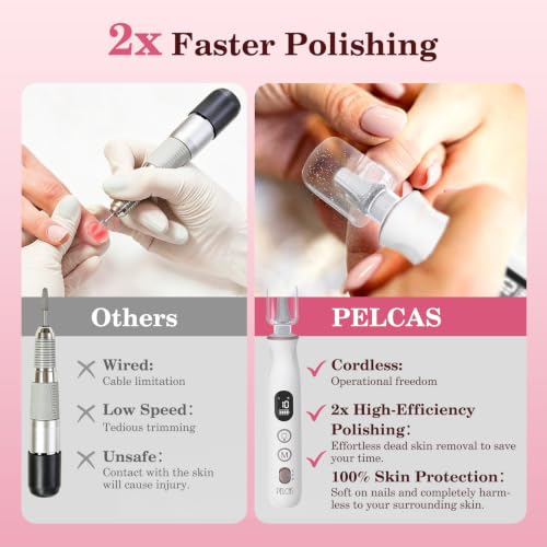 PELCAS White Cordless Electric Nail File with 10 Speeds & LED Light, Travel Ready