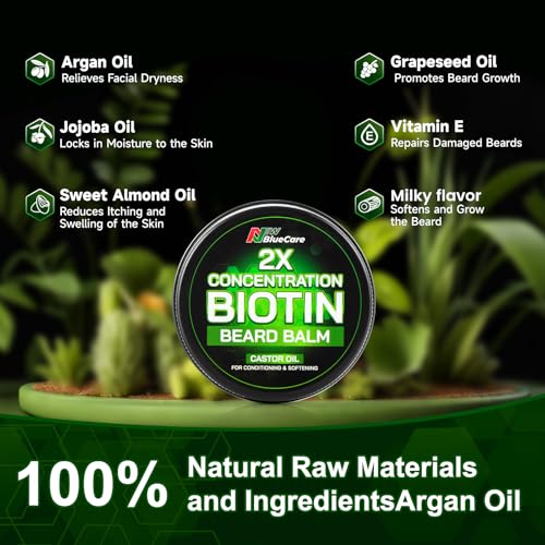 Beard Balm-2X Concentration Biotin -Styles, Growth, Strengthens & Softens Beards and Mustaches - Natural Beard Conditioner Wax with Organic Shea Butter, Argan & Jojoba Oils