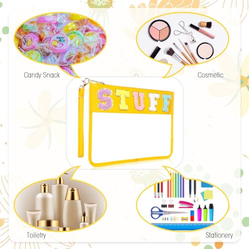 Nuanchu 9 Pcs Clear Stuff Pouch for Travel & Makeup, Chenille Letter Bags PVC Waterproof Snack Bag, Cosmetic Pouch Preppy Gifts for Women Vacation