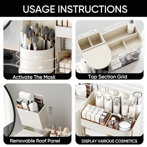 Rotating Makeup Organizer with Drawers & Brush Holder