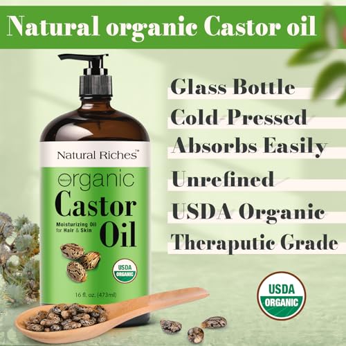 Organic Castor Oil - 100% Pure Cold Pressed in Glass Bottle, 16 oz