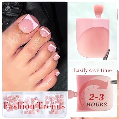 150pc Pink French Tips Press On Toenails Short Square Acrylic Kit