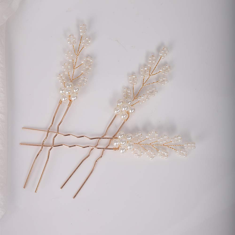 YERTTER 3Pcs Pearl Floral Bridal Hair Pins Wedding Decorative Clips Bun Accessories for Brides and Bridesmaids (Gold)