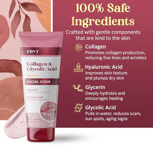 Envy Collagen & Glycolic Acid Face Scrub - Anti Aging Exfoliating Face Wash & Scrub, Promotes Soft Skin & Improves Dark Spots - Korean Skin Care - All Skin Type - Vegan, Cruelty Free - 200ML / 6.76Oz