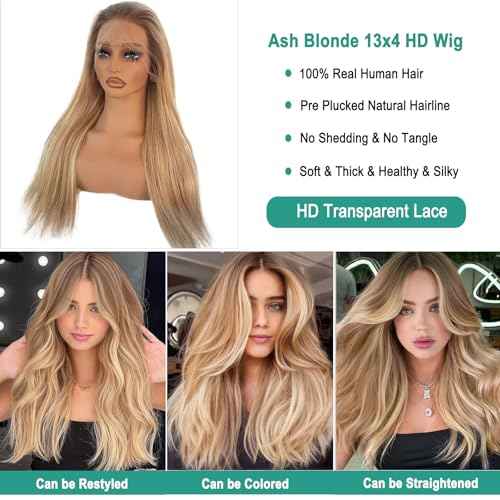 Munx Highlight Ombre Ash Blonde Lace Front Wigs for White Women, 13X4 Lace Frontal Human Hair Wig Brown Mixed Blonde Colored Glueless Pre Plucked Long Wigs with Tiny Knots 24in